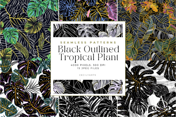 Black Outlined Tropical Plant Patterns
