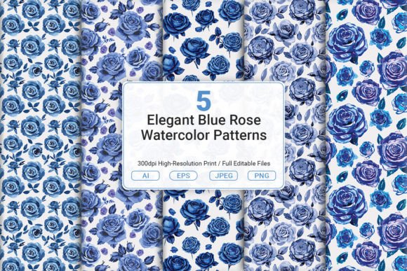 Elegant Blue Rose Watercolor Patterns