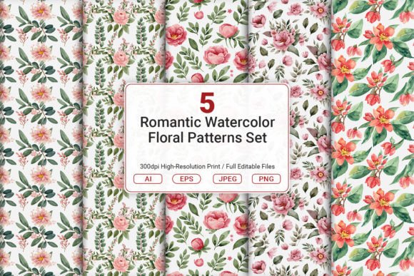 Romantic Watercolor Floral Patterns Set