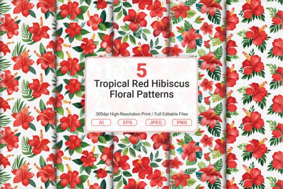 Tropical Red Hibiscus Floral Patterns