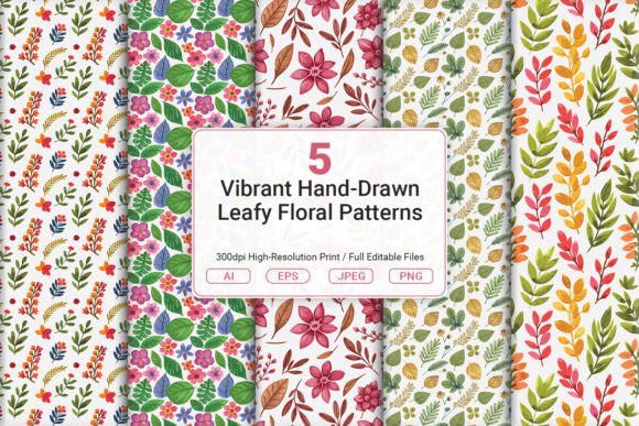 Vibrant Hand-Drawn Leafy Floral Patterns: A Practical Design Asset