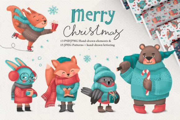 Winter Animals. Clip Art and Patterns: A Practical Evaluation for Holiday Design Projects