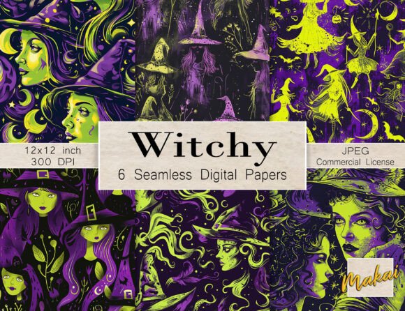 Witchy: The Ultimate Guide to 6 Green Purple Witch Seamless Patterns for Halloween Creativity